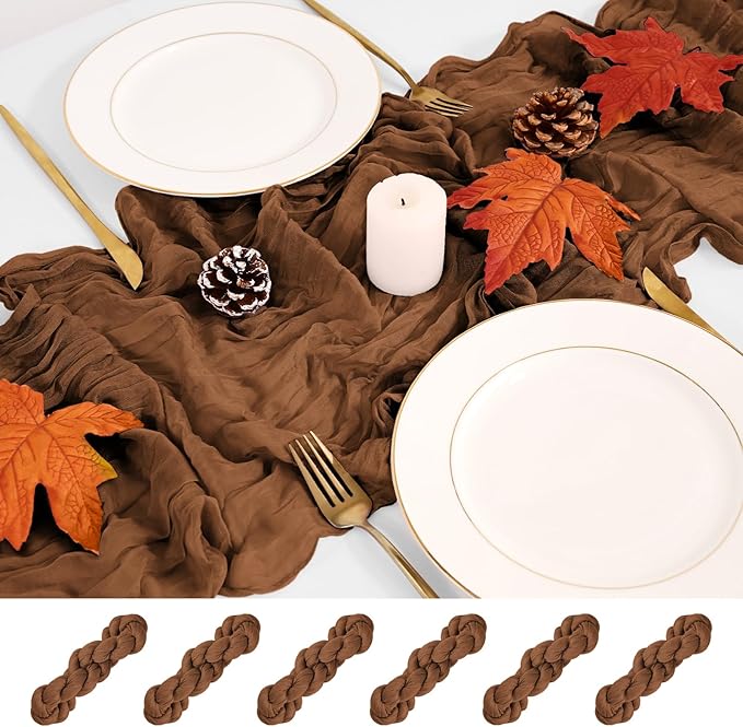 6 Pack Cheesecloth Table Runner,Brown Table Runner Long Romantic Semi Sheer Rustic Boho Gauze Table Runners for Wedding Bridal Shower Birthday Party Decorations(17.7×108 Inch)
