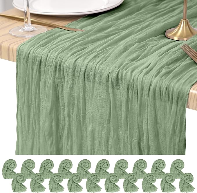 20 Pack Cheesecloth Table Runner Sage Green, Rustic Boho Gauze Fabric Table Runner Romantic Table Runner for Wedding, Festival, Birthday, Anniversary, Dinner and Outdoor Events (17.7 x 108 inch)