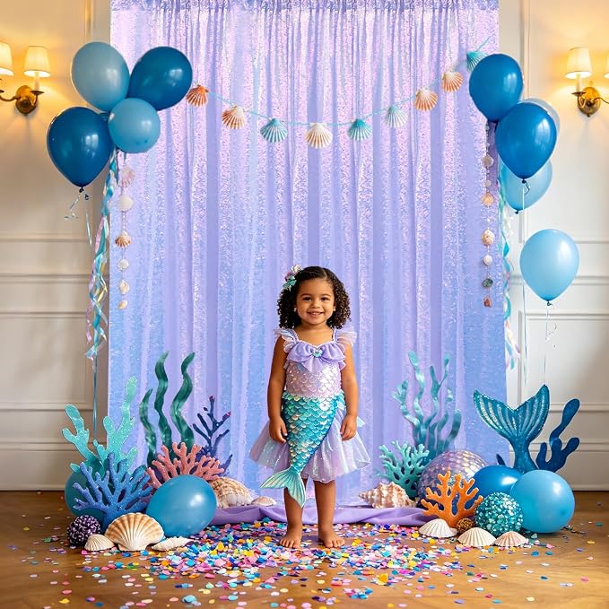 Sugargirl Mermaid Lavender Sequin Backdrop Curtain 4 Panels 2FTx8FT Glitter Mermaid Lavender Background Drapes Sparkle Photography Backdrop for Party Wedding Birthday Wall Decoration