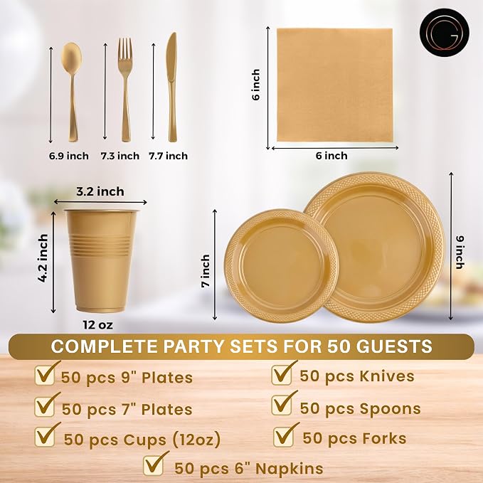 Grandipity 350 Piece Gold Disposable Dinnerware Set, Includes 50 of Each: 9" Dinner Plates, 7" Dessert Plates, 12oz Cups, Paper Napkins, Forks, Knives & Spoons