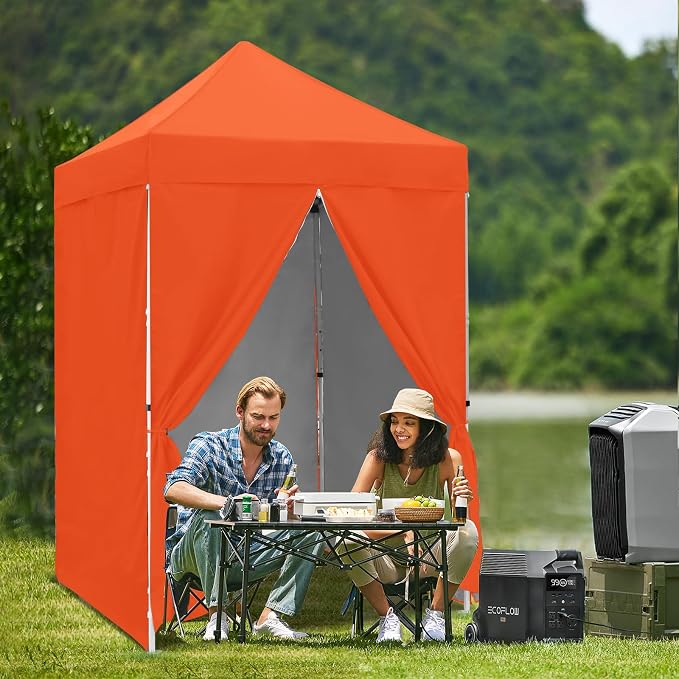 5x5 Pop Up Canopy Tent with Four Sidewalls, Instant Portable Beach Canopy, Outdoor Tent with Carry Bag for Camping, Sports, Tailgating, Events, Orange