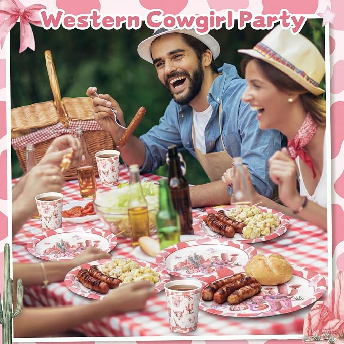 Pickmesh 250 Pcs Cowgirl Party Decorations Pink Cowgirl Rodeo Birthday Coquette Bow Western Theme Disposable Plates Napkins Cups for Bachelorette Baby Shower Tableware Party Supplies Serve 50