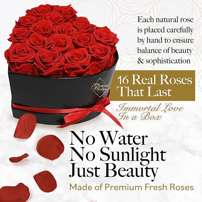 GLAMOUR BOUTIQUE 16 Flower Forever Heart Shape Box, for Mom, Eternal Preserved Roses Gifts for Her, Flowers Bouquet, for Birthday, Anniversary, Girlfriend - Red