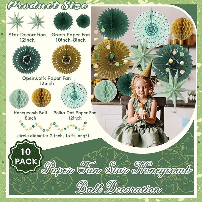ADLKGG Sage Green Gold Party Decorations - Hanging Paper Fans Honeycomb Balls & Star Decor for Graduation, Gender Neutral Woodland Baby Shower, Bridal Shower, Birthday & Boho Wedding Photo Backdrop