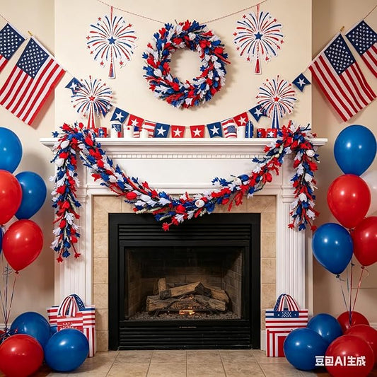 Artificial Valentine Garland Romantic Valentines Day Garlands Farmhouse Valentines Day Floral Garlands with Tulip Heart Berries for Mantle Table Stairs Indoor Outside Holiday (Patriotic -2)