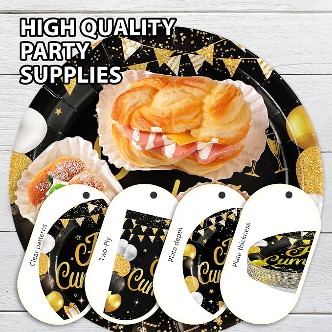 96Pcs Feliz Cumpleaños Decoration Black and Gold Plates and Napkins Feliz Cumpleaños Happy Birthday Tableware Set for Men Women Spanish Black and Gold Birthday Party Supplies Serves 24