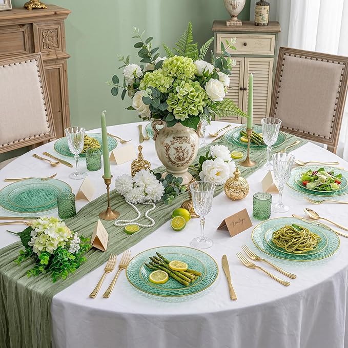 Rubtlamp 100 Clear Green Gold Plastic Plates, Hammered Clear and Gold Disposable Plates Include 50 Dessert Platos, 50 Dinner Platos for Party