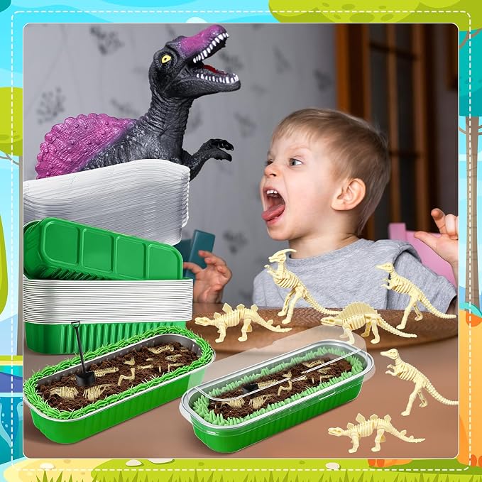 24 Set Dinosaur Fossil Skeleton Cake Toppers Dig Kit Mini Baking Pans with Lids and Shovel Spoons Desserts Tray for Baby Shower DIY Dinosaur Cake Decorations Dino Birthday Party Supplies