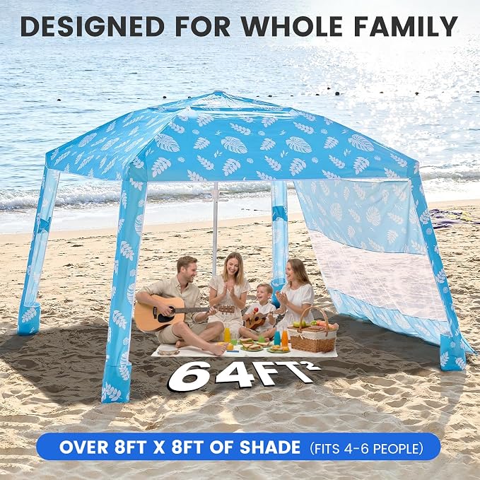 Zeraty Beach Cabana 8'×8', Portable Beach Canopy with Side Wall, UPF 50+ Silver-Coated Beach Tent Sun Shelter Easy Pop Up, Wind Resistant Adjustable Height Beach Umbrella Tent for Family, Lagoon