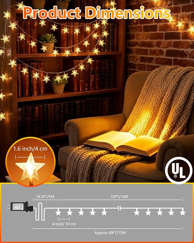 Twinkle Star 100 LED Star String Lights Plug in 33FT, Warm White | Plug In, Waterproof, Indoor Outdoor Use, Bedroom Wedding Party Ramadan Christmas Decor