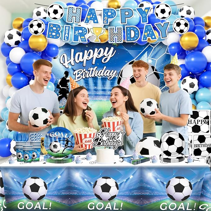 Soccer Birthday Party Decorations, All-in-1 Supplies Pack, Includes Plates and Napkins, Backdrop, Tablecloth, Balloon Kit for Blue Soccer Theme Party Decorations