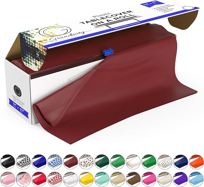 Grandipity Plastic Tablecloth Roll - 54in x 300 Ft. Burgundy Plastic Table Cloths for Parties Disposable with Cutter Box - Cut to Size Disposable Tablecloth Table Cover for Rectangle & Round