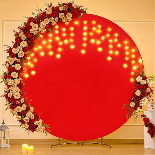 6.6 FT Red Round Backdrop Cover with Lights String for Circle Arch Stand Circle Backdrop Covers with LED Fairy Lights for Wedding Arch Baby Shower Birthday Party Photo Shoot Photography Background