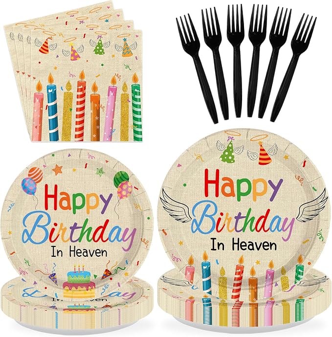 96 Pcs Happy Birthday in Heaven Party Supplies Colorful Happy Birthday Plates and Napkins Disposable Funeral Memorial Tableware Set for Sympathy Grave Cemetery Party Decorations Serves 24