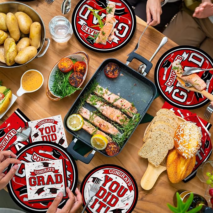 Gatherfun Graduation Party Supplies Dinnerware Set red Disposable dinner paper plates dessert paper plates and Napkins for Congrats Grad Party Decorations, Serve 50