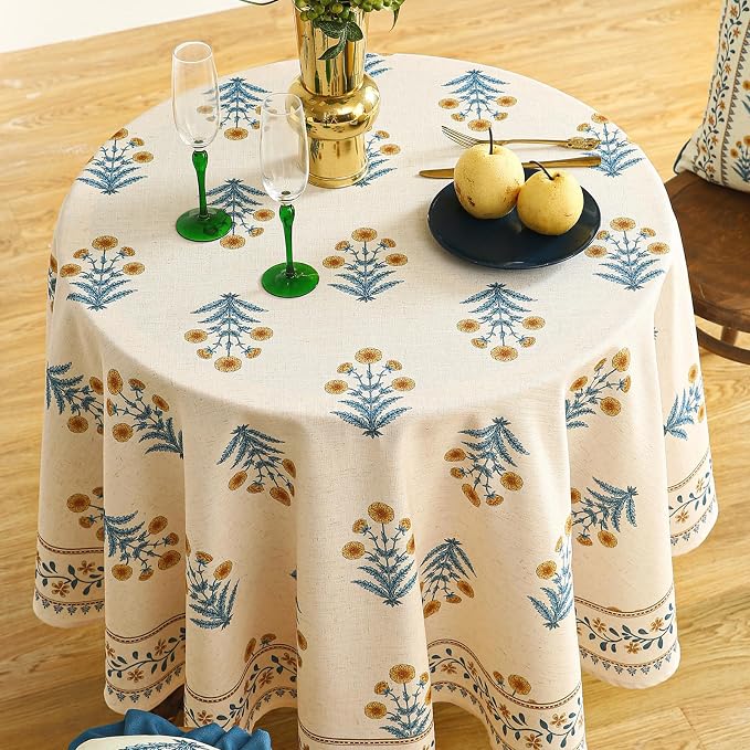 ISAENNE Designer French Linen Round Tablecloth,Diameter 67"-Estevan A | Vintage Elegant Beautiful Printed Table Cloth,Pale Yellow Floral Pattern,Durable,Dining,Kitchen,Tea Party,Thanksgiving