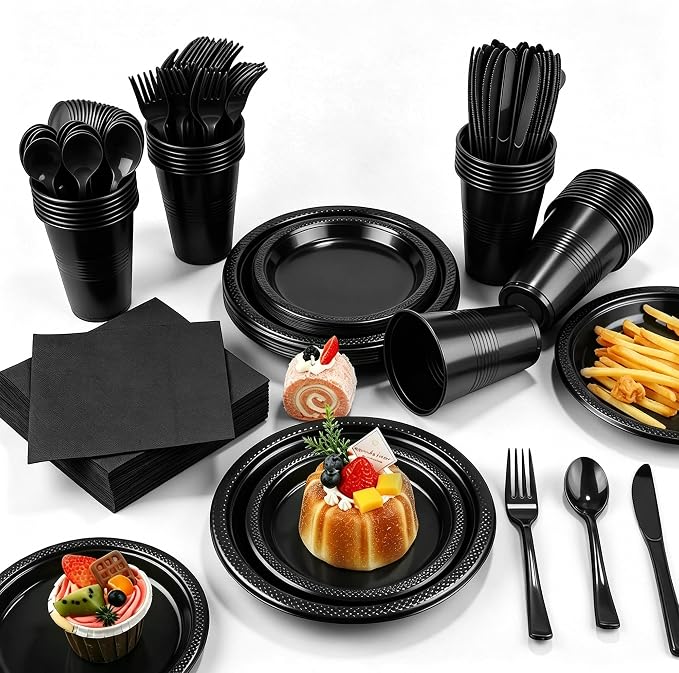 Kochorie 240 Pieces Black Plastic Dinnerware Set for 30 Guests Disposable Heavy Duty Plates Napkins Cups and Silverware Dessert Dinner Plates for Birthday Wedding Halloween Party Supplies