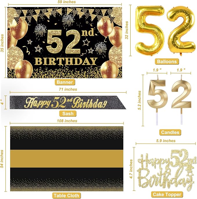 52nd Birthday Decorations Men Women with 52nd Birthday Banner, Black and Gold Table Cloth, Number Balloons, Large Sash, Cake Topper and Candles