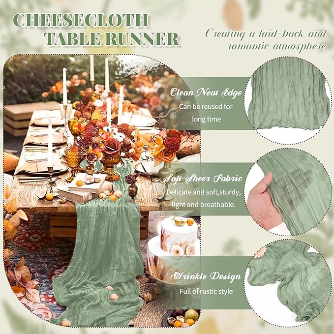 Pesonlook 24 Pack Sage Green Table Runner, Cheesecloth Table Runner Long Romantic Semi Sheer Rustic Boho Gauze Table Runners for Wedding Bridal Shower Birthday Party Decorations(17.7×108 Inch)