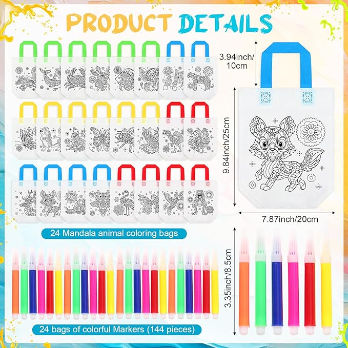 Pasimy 24 Pieces Mandala Animals Coloring Goodies Bags with 144 Makers Recycle Coloring Gifts Bags Color Your Own Totes for Kids DIY Painting Art Crafts Birthday Party Favors