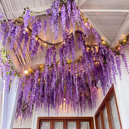 Giegxin Purple 26 Pcs 3D Wisteria Tree for Classroom Room Ceiling Wall Decor Bulletin Board Large Wisteria Garland with 5 Metal Mesh Panel Artificial Fake Hanging Flower Wedding Bedroom Backdrop