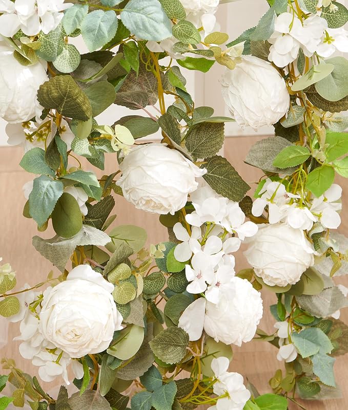 PONKING Flower Garland Artificial Rose & Hydrangea Vine Hanging Fake Flowers Vines for Wedding Birthday Party Valentines Christmas Room Wall Arch Decor, 1 Rose & 1 Hydrangea White Floral Garland