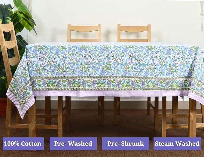 Purple Block Print Table Cloth- 60x90 Inch Rectangle 100% Cotton Handmade Pre-Shrink, Washable for Spring, Kitchen & Dining Perfect for Chirstmas, Patio, Indoor & Outdoor, Farmhouse
