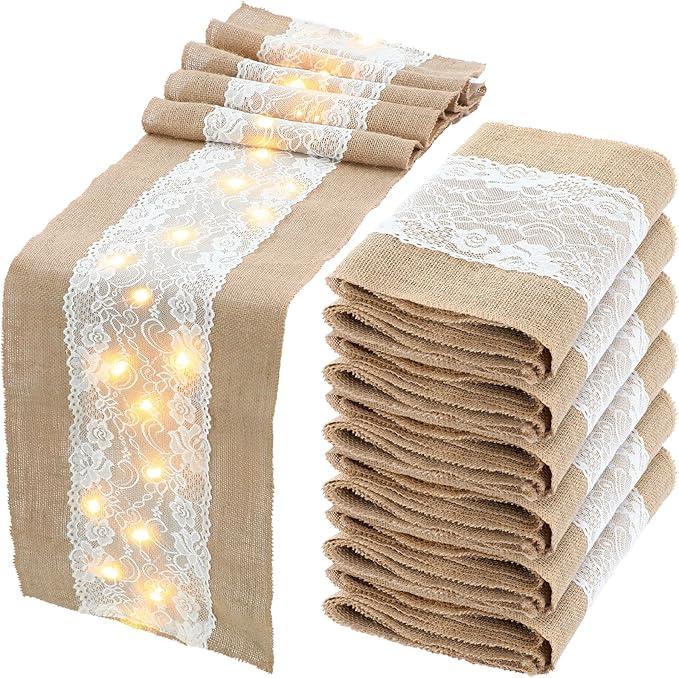 Xinnun 6 Pack Burlap Table Runner with Warm LED Lights,Rustic Lace Wedding Table Decor,Boho Farmhouse Jute Runner for Reception Bridal Shower Party(Romantic,12x70 Inches)