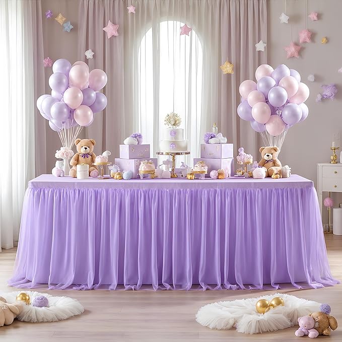 Suppromo 2 Pack 8ft Lavender Tulle Tablecloths for Rectangle Tables 8 Foot Rectangular Table Cloth Wrinkle Free Tablecover with Tutu Skirt for Wedding Baby Shower Birthday Party Banquet Buffet Cake