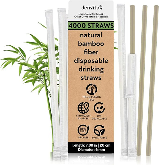 Bamboo Powder Eco Friendly Straws (4000-Pack) - 7.88" Individually Wrapped Biodegradable Plant Based Straws | 100% Compostable | Durable & Disposable | Made for Hot & Cold Drinks