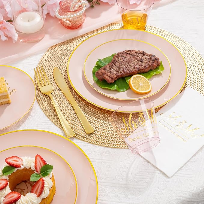 I00000 Mr and Mrs Wedding Pink Plastic Plates and Napkins Set,Bridal Shower Plates Set for 25 Guests Include 25 Dinner Platos,25 Dessert Platos,25 Cups,25 Napkins,25 Cutlery for Engagement Party Decor