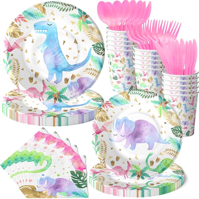 Girl Dinosaur Birthday Decorations - Serves 20 - Pink Dinosaur Birthday Plates and Napkins Set with Cups and Cutlery - Pastel Floral Girl Dinosaur Party Supplies for Three-Rex, 1st 2nd 3rd Birthday