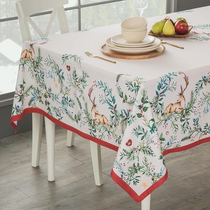 Maison d' Hermine Table Cloth Rectangle Table 100% Cotton 70 x 108 Inches Fall Tablecloth Reusable Everyday Use for Thanksgiving Christmas Decorations Dining Farmhouse Party (Holly Time)