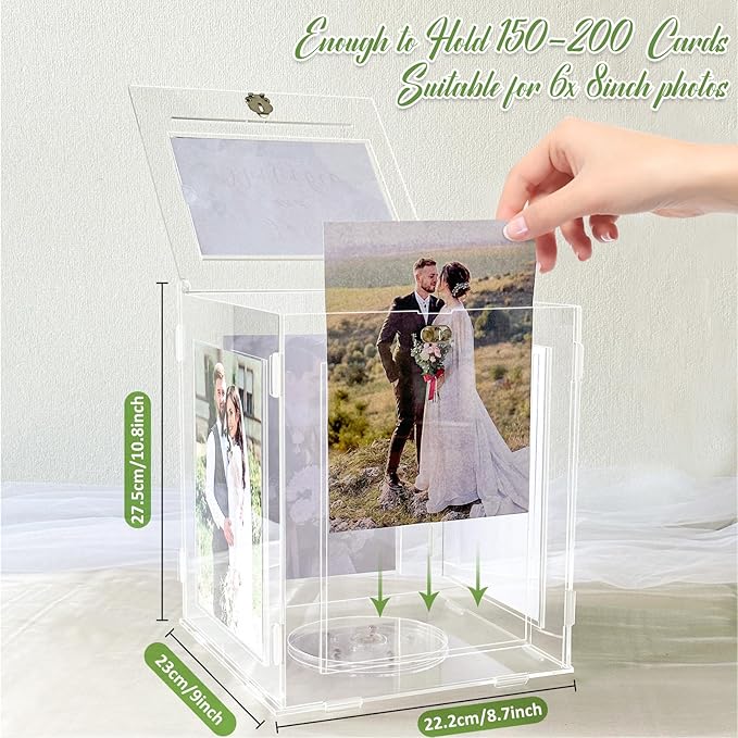 Acrylic Wedding Card Box with Picture Frame, Clear Gift Card Box for Wedding Reception, Large Rotatable Money Envelope Card Box Holder with Lock for Graduation Party Birthday Baby Shower