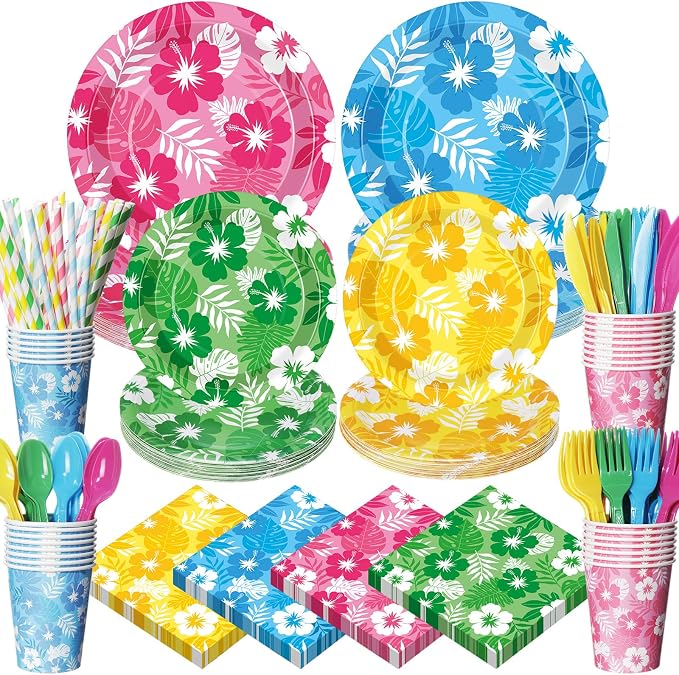 450 Pcs Hawaiian Luau Tableware Set Decorations Aloha Tropical Hibiscus Palm Leaves Paper Plates Napkins Cups Cutlery Straws for Hawaiian Party Summer Birthday Party Supplies, Serves 50