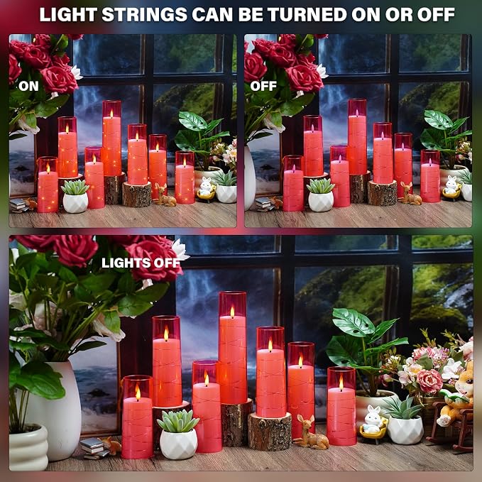 Nimiko Flickering Flameless LED Candles,Battery Operated Candles 9 Pcs with Embedded Star String,Acrylic LED Pillar Candles with Remote,Suitable for Home Decoration to Create an Atmosphere (Pink)