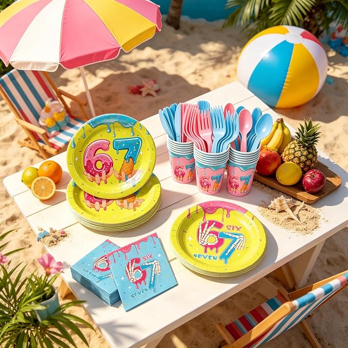 172pcs Ice Cream Birthday Party Supplies 6 7 Birthday Plates Napkins Six Seven Themed Tableware Set Paper Cups Banner Tablecloths Cake Topper Party Decorations for Kids Boys Girls Serve 24