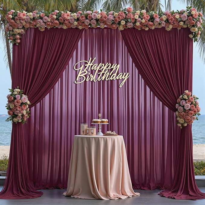 20ft x 10ft Burgundy Backdrop Curtains, Wrinkle-Free Sheer Chiffon Fabric Photo Backdrop Drapes for Wedding Arch Party Ceremony Stage Photography Decorations