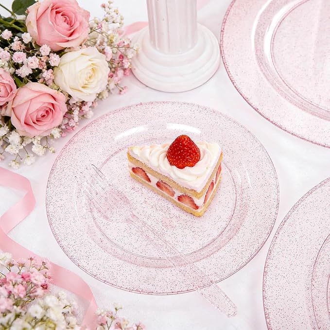 WDF 120pcs Pink Plastic Plates Disposable - Clear Pink Glitter Plates including 60PCS Dinner Plates 10.25inch and 60PCS Salad Plates 7.5inch for Wedding Baby Shower Spring Birthday