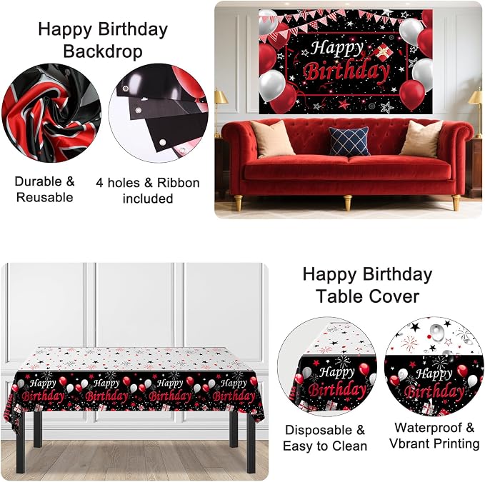 Black and Red Birthday Decorations for Men Women Boys Girls, Black and Red Party Decorations Happy Birthday Banner Backdrop Confetti Silver Balloons Arch Hanging Swirls Party Supplies Tablecloth