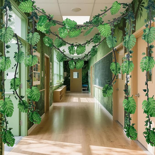 Preboun 27 Pcs Jungle Vines Rainforest Party Decorations 10 ft Artificial Rattans with Palm Leaves Fake Ivy Vines Tropical Rainforest Safari Decor for Forest Jungle Dinosaur Party Indoor Outdoor