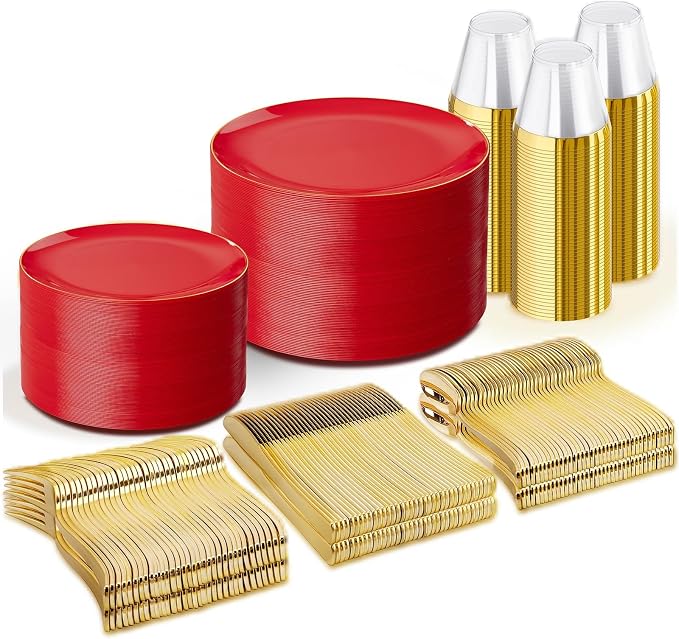 WDF 300Pcs Red Disposable Plates - Red Plastic Plates 50guest Disposable Dinnerware Include 50 Dinner Plate 50 Dessert Plate 150 Cutlery & 50 9oz Cups for Wedding/Birthday/Party