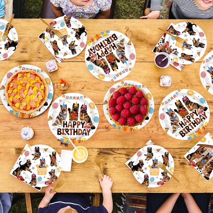 96Pcs German Shepherd Dog Birthday Party Decorations Funny Pet Dog Plates and Napkins Cute Puppy Tableware Set for Boys German Shepherd Theme Birthday Baby Shower Party Supplies Serves 24