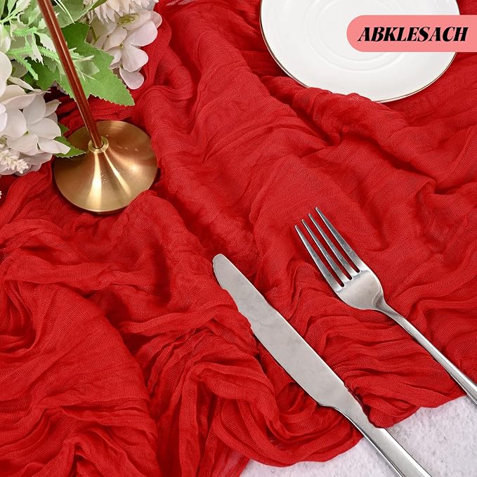 24 Pack Red Cheesecloth Table Runner 120 inch Fall Thanksgiving Boho Rustic Gauze Farmhouse 10FT Cheese Cloth Runner for Baby Shower Wedding Party Holiday Home Decor
