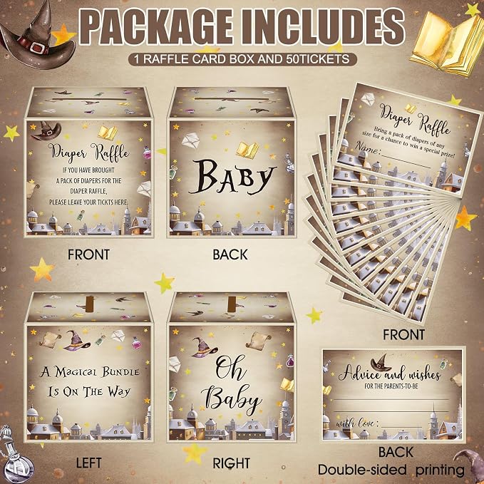 Teling 51 Pieces Diaper Raffle Tickets with Card Box Baby Shower Decorations Baby Shower Holder Box for Girl Boy Diaper Raffle Party(Magical Wizard Style)