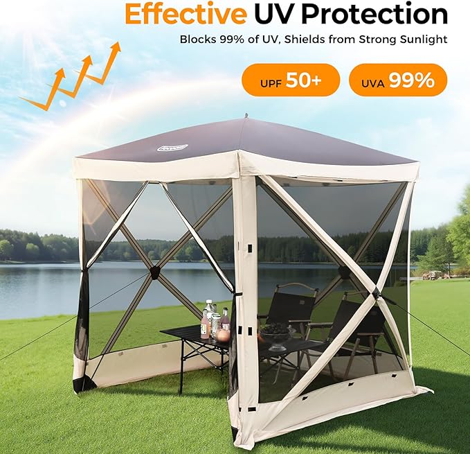 Tecoom 6x6ft Pop Up Gazebo Tent, 4-Sided Canopy Shelter Tent with Mesh Windows for Camping, Portable Large Shade Tents with Siedwalls, Carrying Bag and Stakes for Outdoor, Garden, Lawn, and Backyard