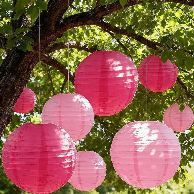 20Pcs Paper Lanterns Decorative, Hot Pink Round Hanging Paper Lanterns Decorations for Rustic Party Bridal Shower Wedding Birthday Home Decor