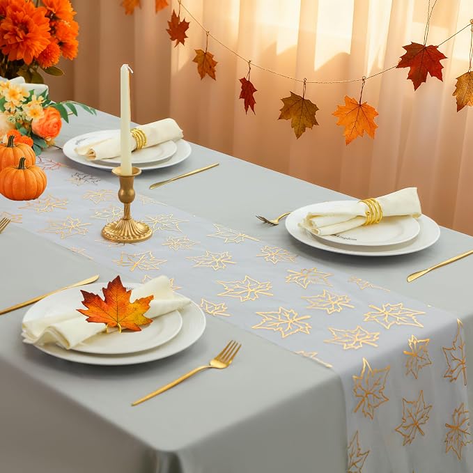 Snowkingdom 2 Pcs Gold Table Runner, Gold Maple Leaves Fall Thanksgiving Table Decorations for Autumn Harvest Sequin Glitter Lightweight White Thin Mesh Sparkle Farmhouse Dining Party Decor 108 Inch