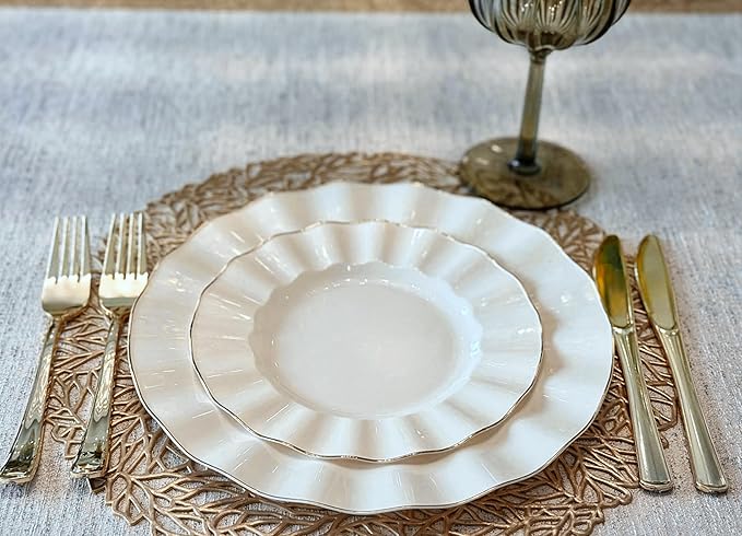 " OCCASIONS " 60 Plates Pack (30 Guests)-Heavyweight Wedding Party Disposable Plastic Plate Set -30 x 10.25'' Dinner + 30 x 7.5'' Salad/dessert plates (Bloom Ivory & Gold)