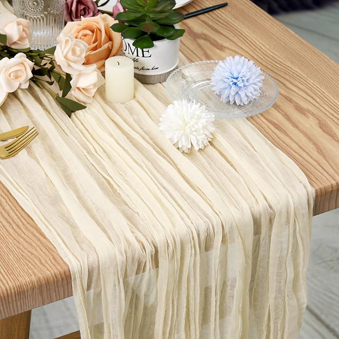 12 Pack Cheesecloth Table Runner 35 x 120 inch Long Boho Cheese Cloth Gauze Table Runners Cream Semi Sheer Table Runner for Wedding Decor, Bridal Shower, Birthday Party (Ivory)